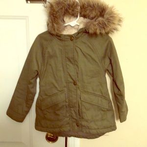 Little girls olive green parka coat with faux fur